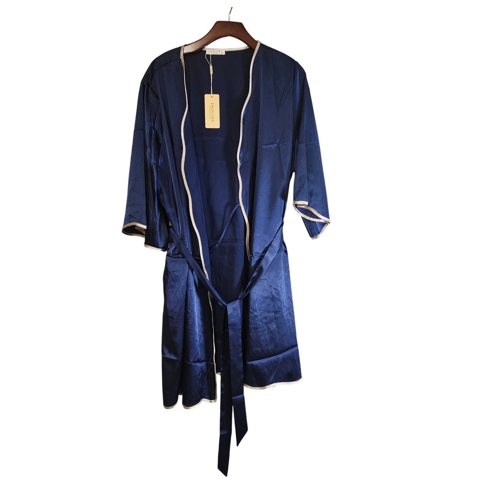 Ekouaer Womens Navy Blue Satin Kimono Robe Contrast Trim Plus Size 2XL NWT
